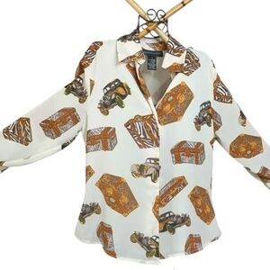 Jennifer Lloyd Vintage Inspired Classic Car & Trunk Print Blouse Ladies Small